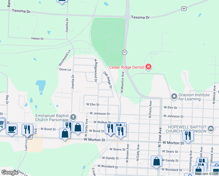 map of restaurants, bars, coffee shops, grocery stores, and more near 1619 West Parnell Street in Denison