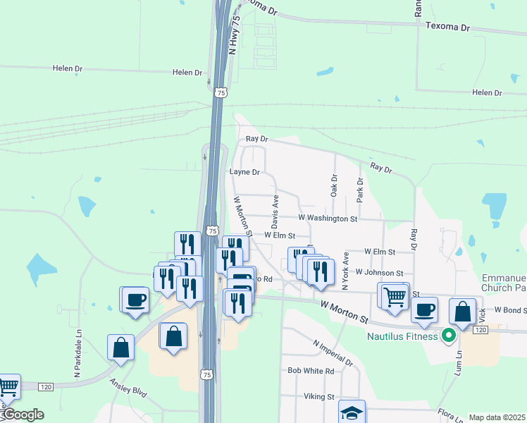 map of restaurants, bars, coffee shops, grocery stores, and more near 2907 West Washington Street in Denison