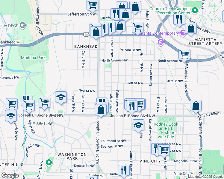 map of restaurants, bars, coffee shops, grocery stores, and more near 859 Neal Street Northwest in Atlanta