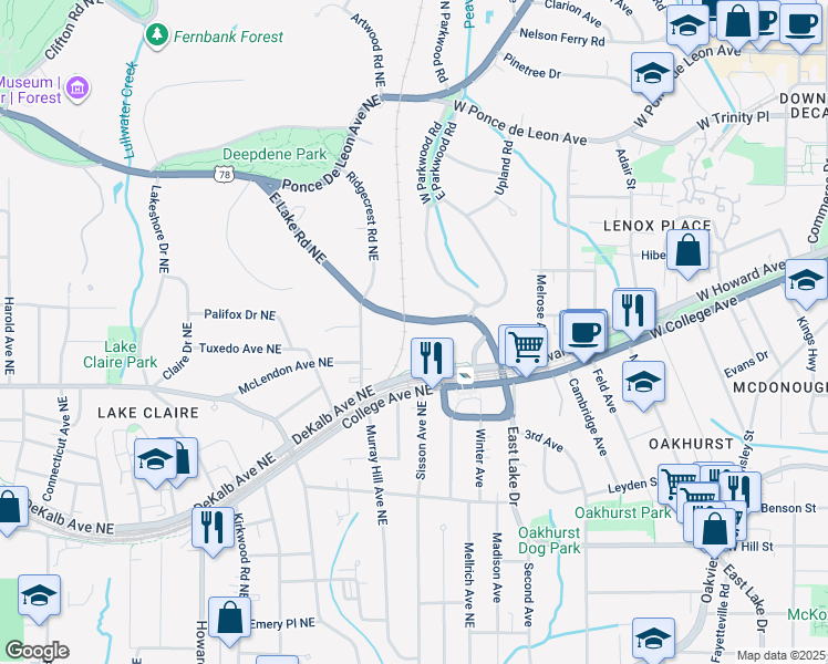 map of restaurants, bars, coffee shops, grocery stores, and more near 2213 East Lake Road Northeast in Atlanta