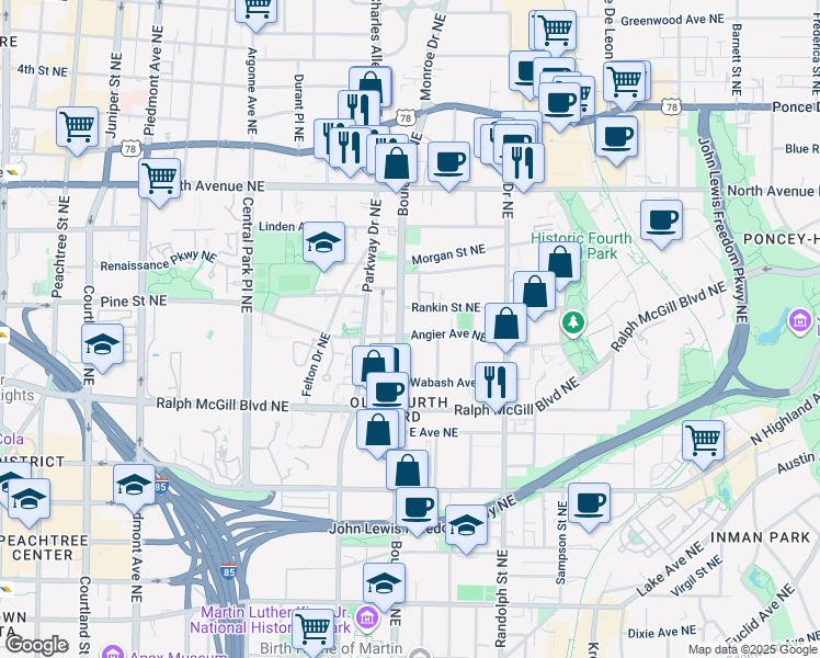 map of restaurants, bars, coffee shops, grocery stores, and more near 447 Boulevard Northeast in Atlanta
