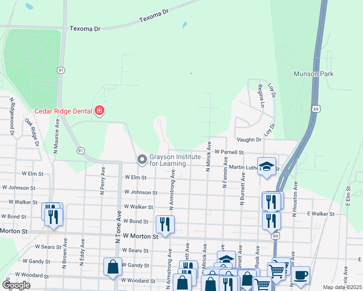 map of restaurants, bars, coffee shops, grocery stores, and more near 717 West Parnell Street in Denison