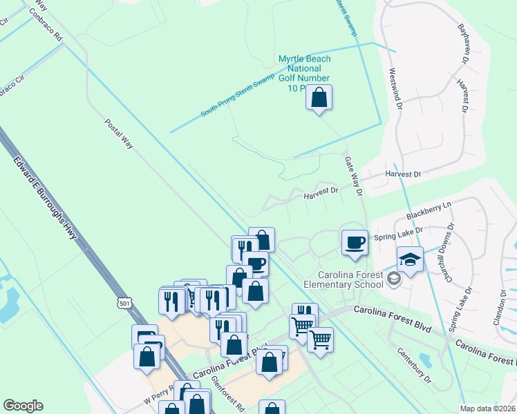 map of restaurants, bars, coffee shops, grocery stores, and more near 5070 Windsor Green Way in Myrtle Beach