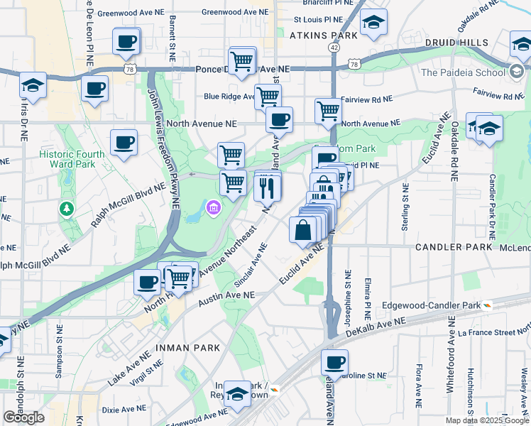 map of restaurants, bars, coffee shops, grocery stores, and more near 462 North Highland Ave NE in Atlanta