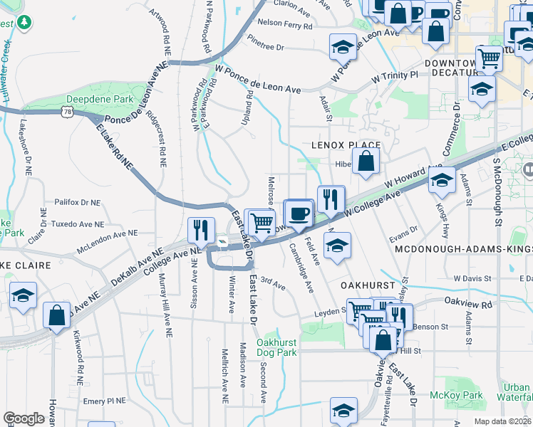 map of restaurants, bars, coffee shops, grocery stores, and more near 126 Melrose Avenue in Decatur