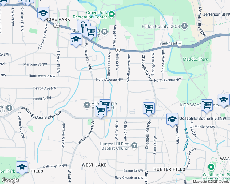 map of restaurants, bars, coffee shops, grocery stores, and more near 418 Holly Street Northwest in Atlanta