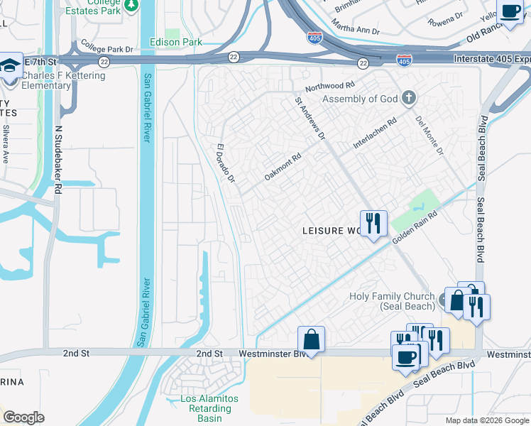 map of restaurants, bars, coffee shops, grocery stores, and more near El Dorado Drive in Seal Beach