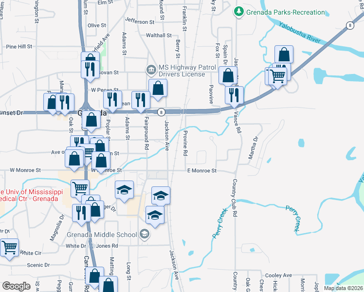 map of restaurants, bars, coffee shops, grocery stores, and more near 1721 Provine Road in Grenada