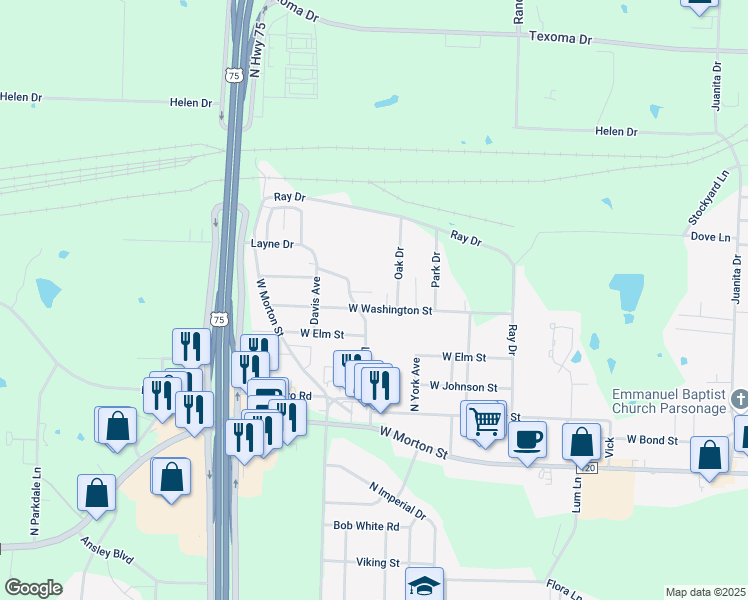 map of restaurants, bars, coffee shops, grocery stores, and more near 2715 West Washington Street in Denison