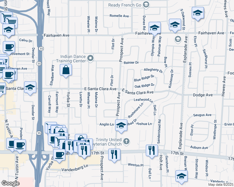 map of restaurants, bars, coffee shops, grocery stores, and more near 13531 Prospect Avenue in Santa Ana