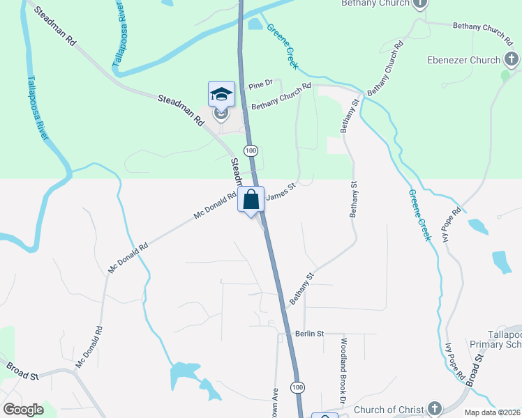 map of restaurants, bars, coffee shops, grocery stores, and more near 882 Highway 100 in Tallapoosa