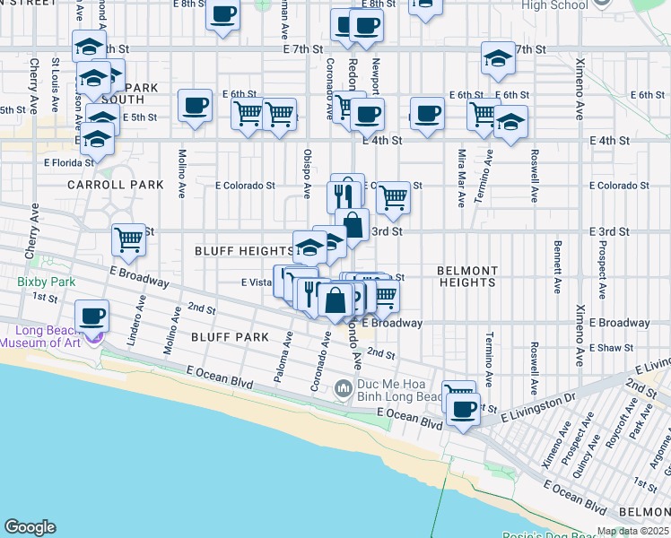 map of restaurants, bars, coffee shops, grocery stores, and more near 252 Coronado Avenue in Long Beach