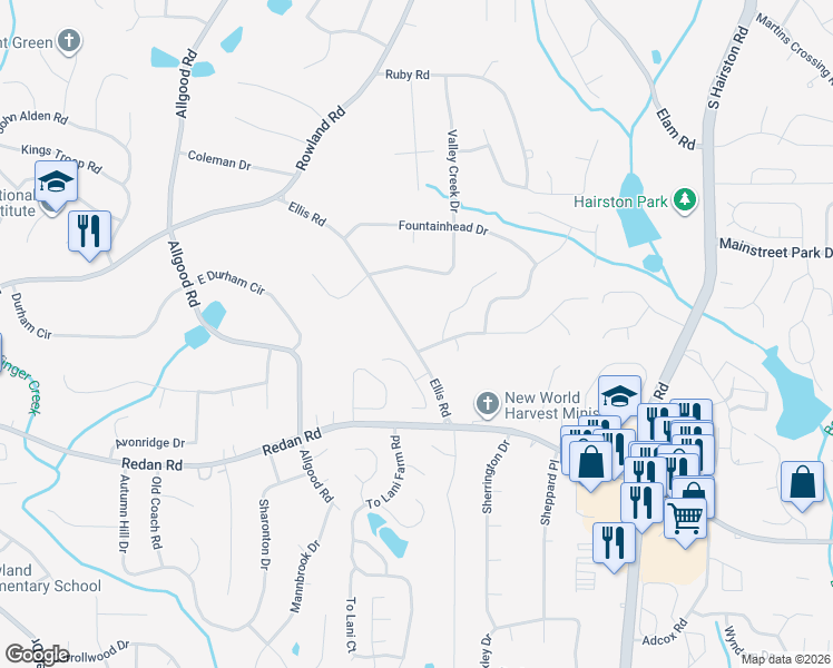 map of restaurants, bars, coffee shops, grocery stores, and more near 978 Ellis Road in Stone Mountain