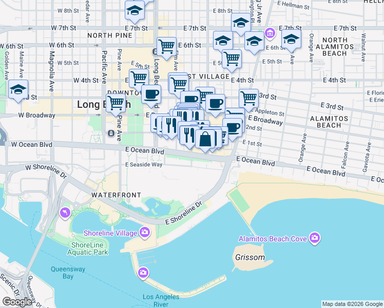 map of restaurants, bars, coffee shops, grocery stores, and more near E Ocean Blvd & Linden Ave in Long Beach