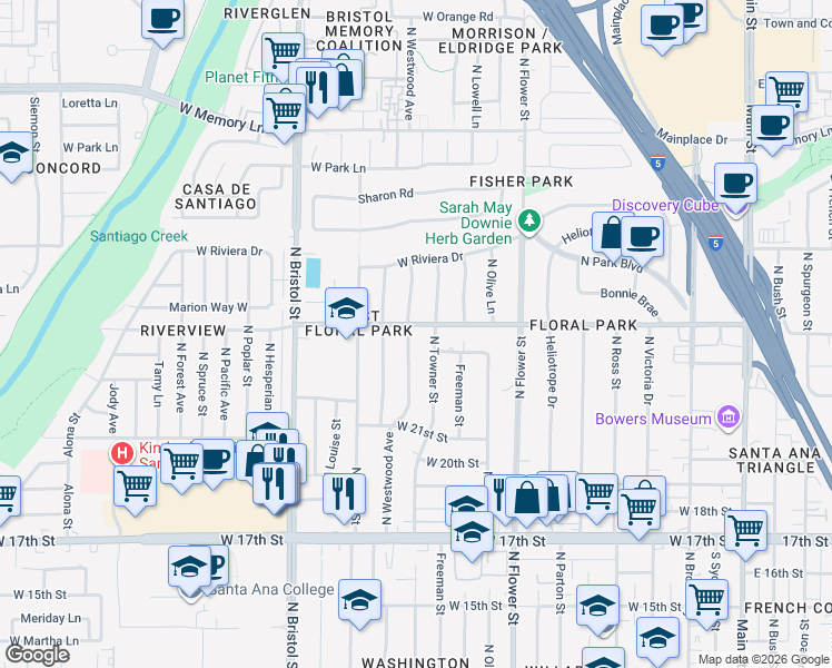 map of restaurants, bars, coffee shops, grocery stores, and more near 2234 North Westwood Avenue in Santa Ana