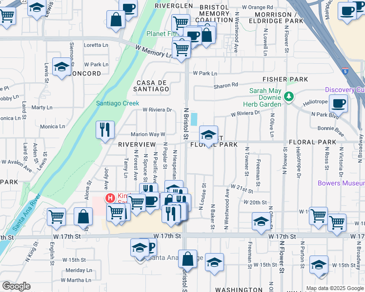 map of restaurants, bars, coffee shops, grocery stores, and more near 2252 North Bristol Street in Santa Ana