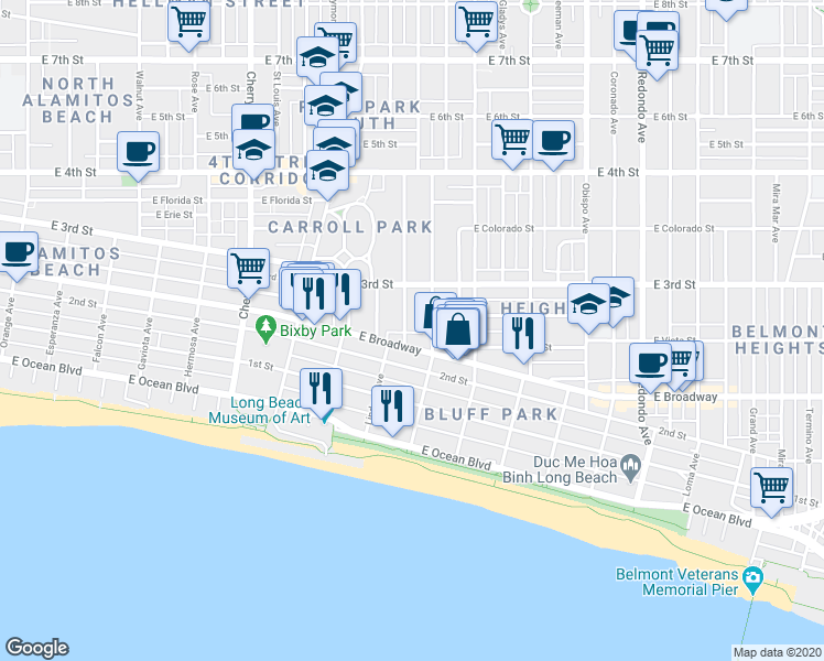 map of restaurants, bars, coffee shops, grocery stores, and more near 257 Molino Avenue in Long Beach
