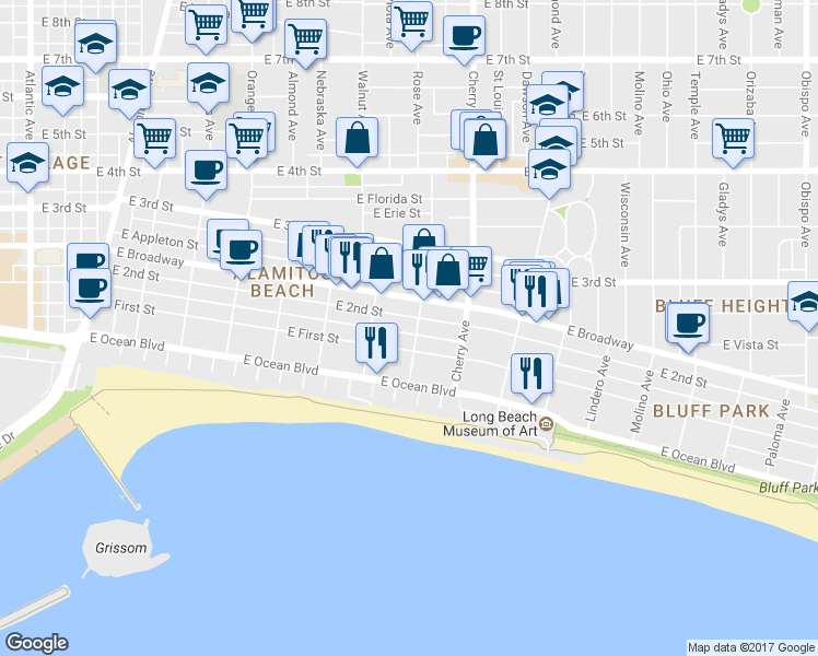 map of restaurants, bars, coffee shops, grocery stores, and more near in Long Beach