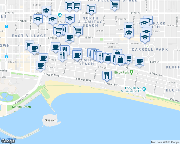 map of restaurants, bars, coffee shops, grocery stores, and more near 1326 East 1st Street in Long Beach