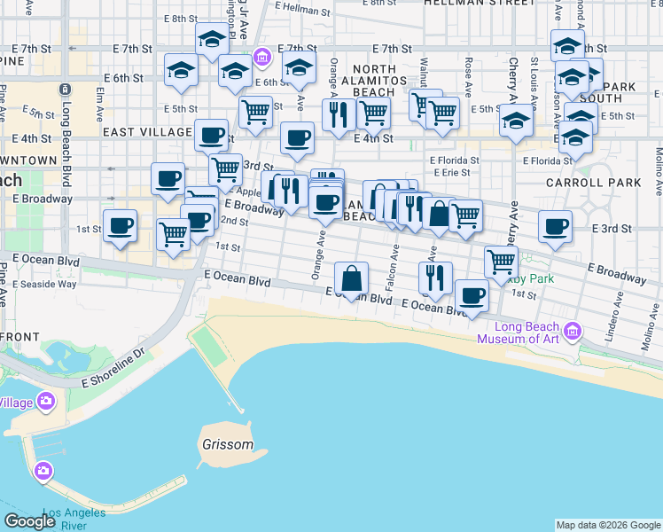 map of restaurants, bars, coffee shops, grocery stores, and more near 1250 East 1st Street in Long Beach