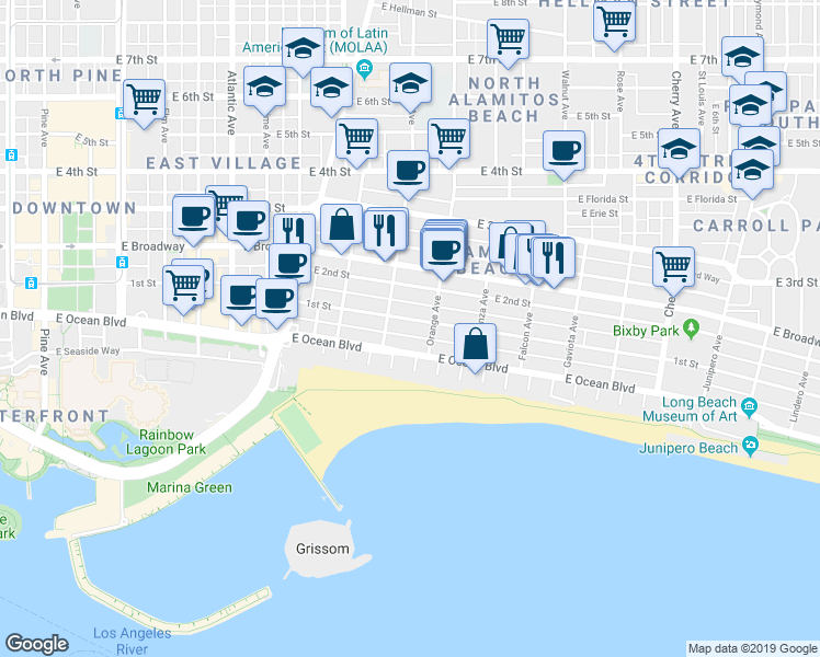 map of restaurants, bars, coffee shops, grocery stores, and more near 33 Orange Avenue in Long Beach