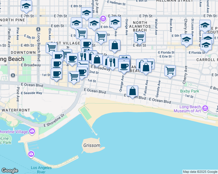 map of restaurants, bars, coffee shops, grocery stores, and more near 28 Cerritos Avenue in Long Beach