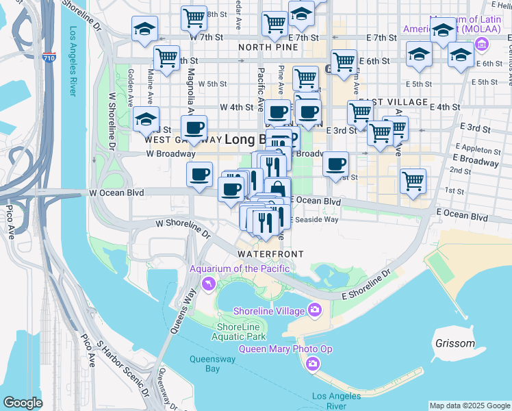 map of restaurants, bars, coffee shops, grocery stores, and more near 200 West Ocean Boulevard in Long Beach