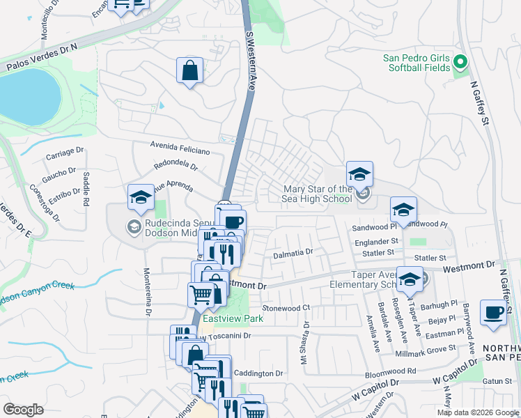 map of restaurants, bars, coffee shops, grocery stores, and more near 28004 South Western Avenue in Los Angeles