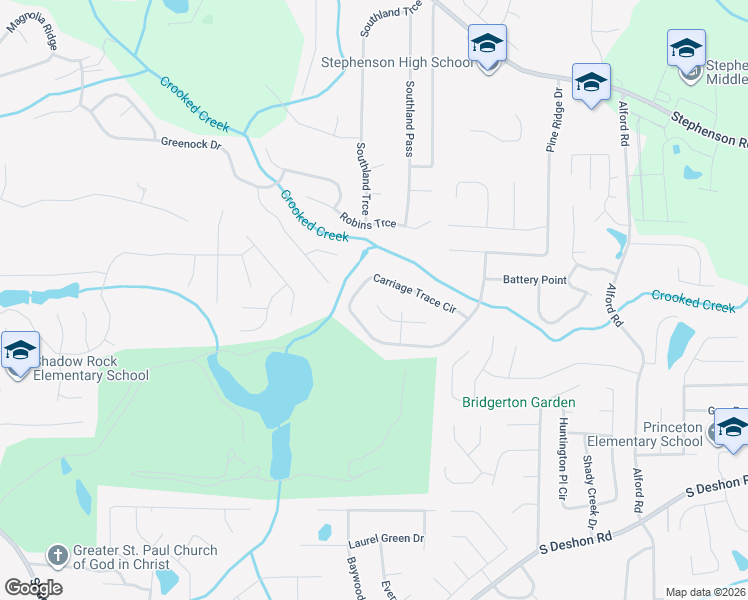 map of restaurants, bars, coffee shops, grocery stores, and more near 6338 Carriage Crossing in Stone Mountain