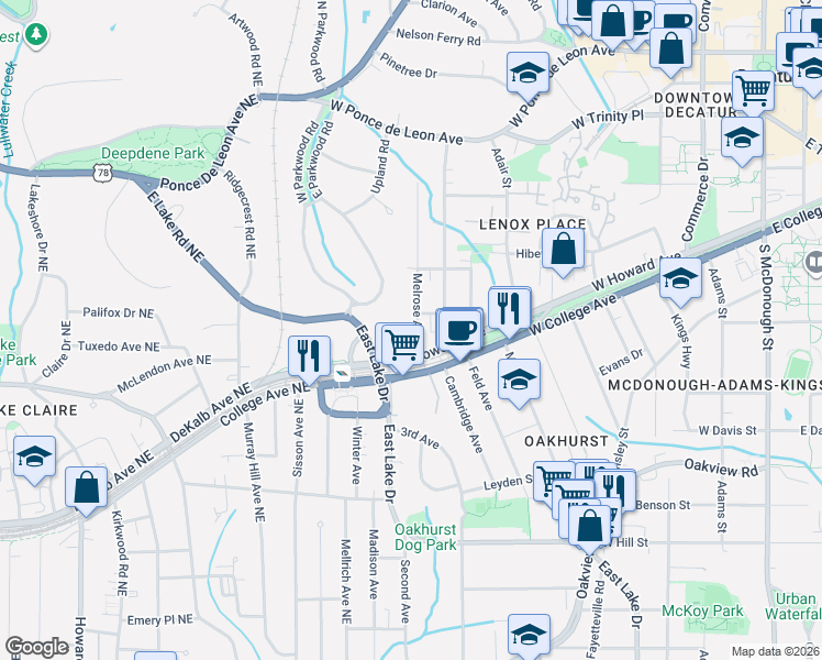 map of restaurants, bars, coffee shops, grocery stores, and more near 126 Melrose Avenue in Decatur