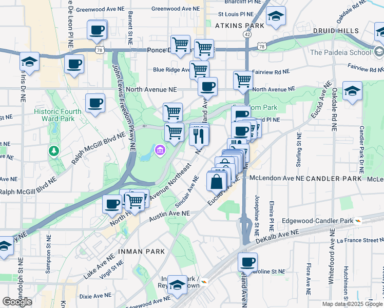 map of restaurants, bars, coffee shops, grocery stores, and more near 462 North Highland Avenue Northeast in Atlanta