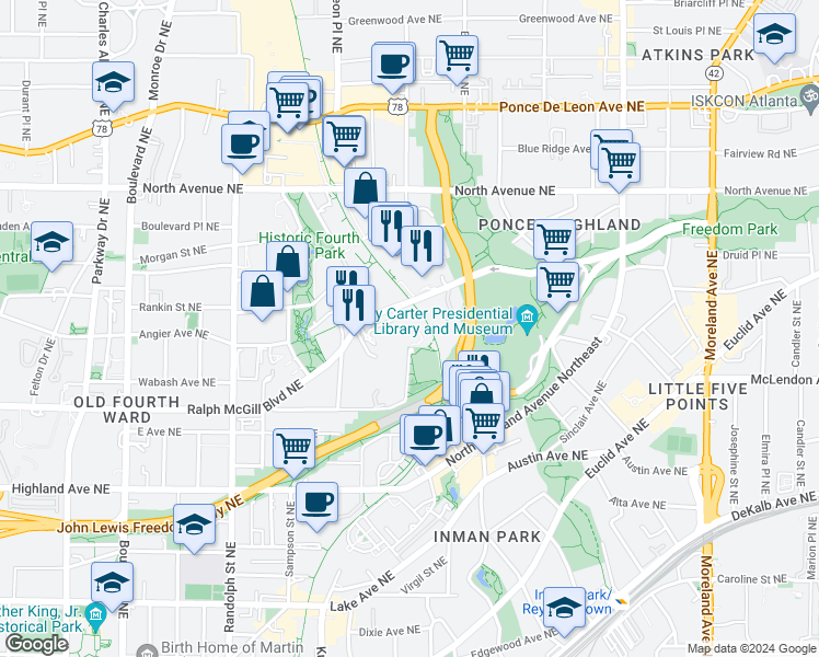 map of restaurants, bars, coffee shops, grocery stores, and more near 747 Ralph McGill Boulevard Northeast in Atlanta