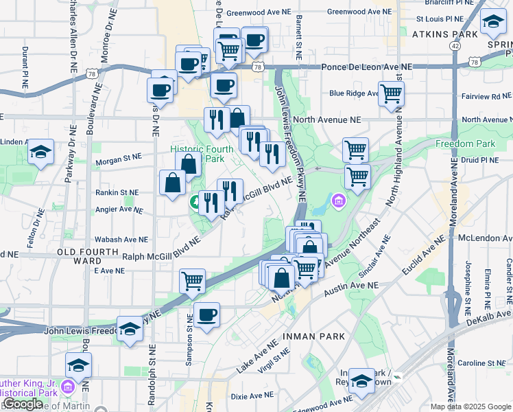 map of restaurants, bars, coffee shops, grocery stores, and more near 745 Ralph McGill Boulevard Northeast in Atlanta