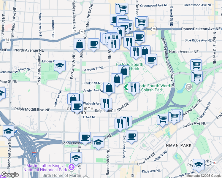 map of restaurants, bars, coffee shops, grocery stores, and more near 455 Glen Iris Drive Northeast in Atlanta