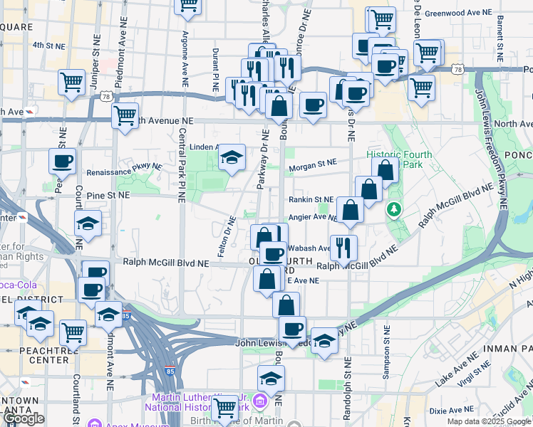 map of restaurants, bars, coffee shops, grocery stores, and more near 448 Parkway Drive Northeast in Atlanta