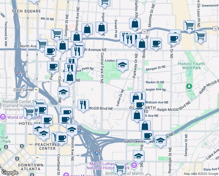 map of restaurants, bars, coffee shops, grocery stores, and more near 339 Angier Avenue Northeast in Atlanta