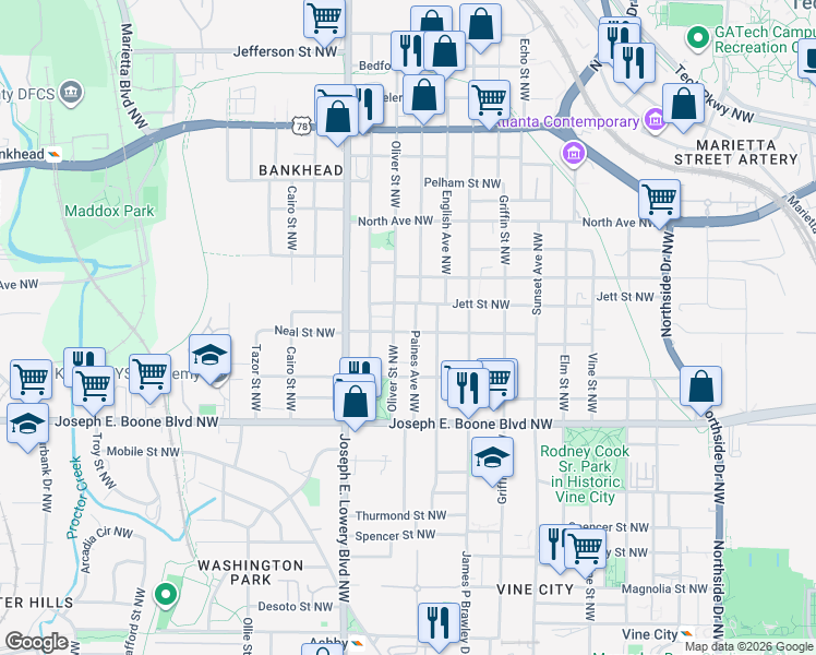 map of restaurants, bars, coffee shops, grocery stores, and more near 859 Neal Street Northwest in Atlanta