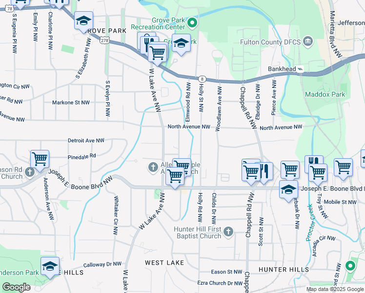 map of restaurants, bars, coffee shops, grocery stores, and more near 419 Lanier Street Northwest in Atlanta
