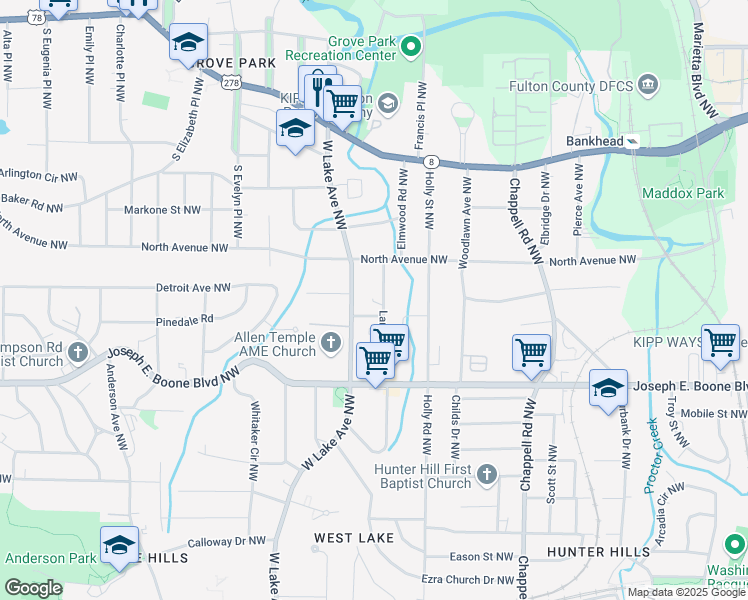 map of restaurants, bars, coffee shops, grocery stores, and more near 415 Lanier Street Northwest in Atlanta