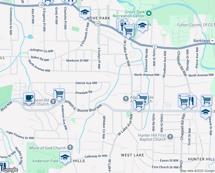 map of restaurants, bars, coffee shops, grocery stores, and more near 1722 Detroit Avenue Northwest in Atlanta