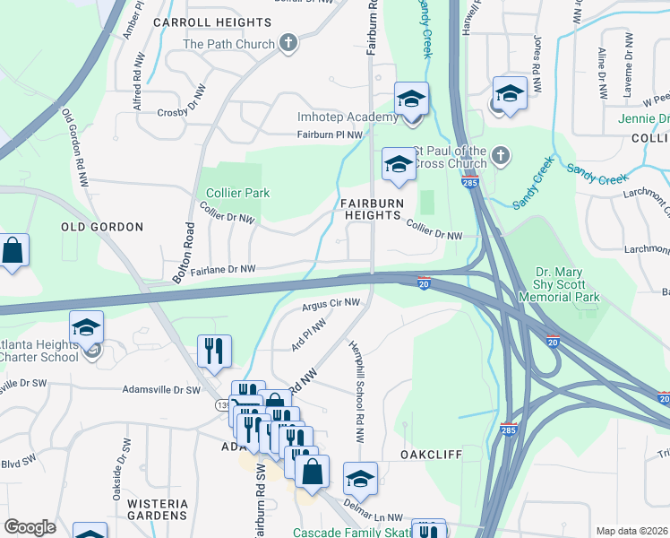 map of restaurants, bars, coffee shops, grocery stores, and more near 3524 Fairlane Drive Northwest in Atlanta