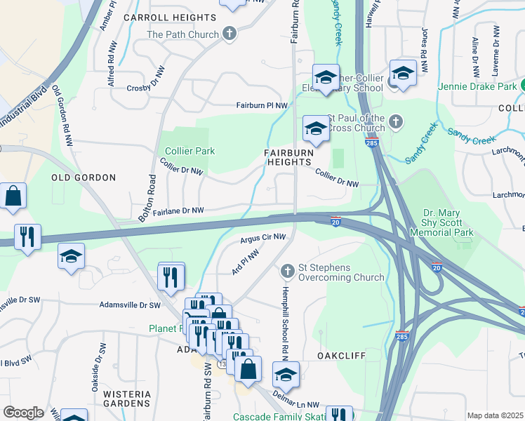 map of restaurants, bars, coffee shops, grocery stores, and more near 3512 Fairlane Drive Northwest in Atlanta