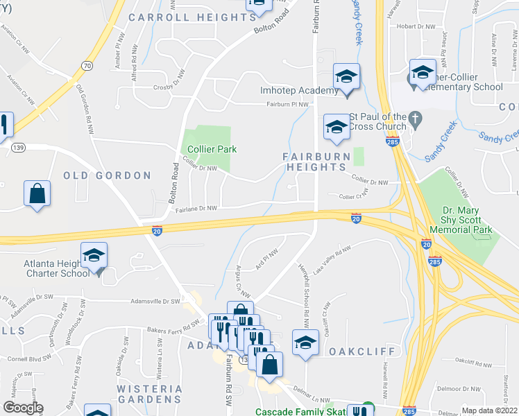 map of restaurants, bars, coffee shops, grocery stores, and more near 3560 Fairlane Drive Northwest in Atlanta