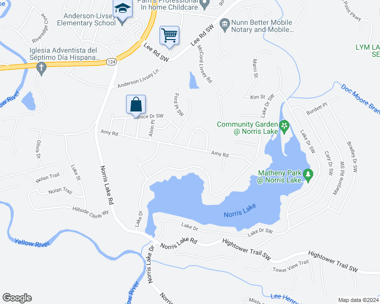 map of restaurants, bars, coffee shops, grocery stores, and more near 4521 Amy Road in Snellville