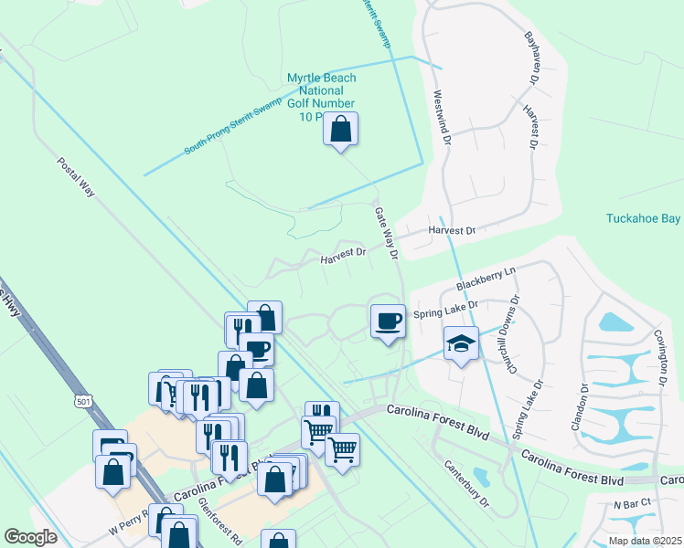 map of restaurants, bars, coffee shops, grocery stores, and more near 4915 Twin Pond Court in Myrtle Beach