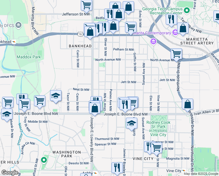 map of restaurants, bars, coffee shops, grocery stores, and more near 839 Neal Street Northwest in Atlanta
