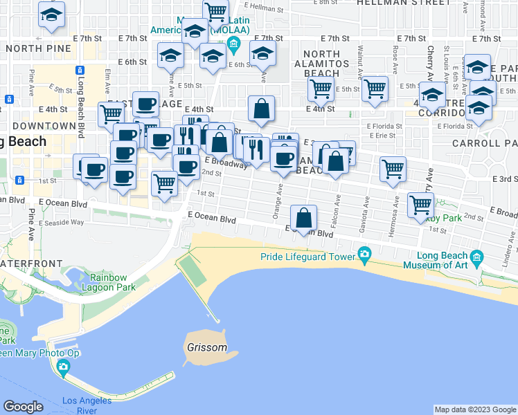 map of restaurants, bars, coffee shops, grocery stores, and more near 1130 East 1st Street in Long Beach