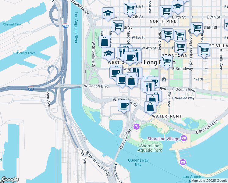 map of restaurants, bars, coffee shops, grocery stores, and more near 700w West Ocean Boulevard in Long Beach