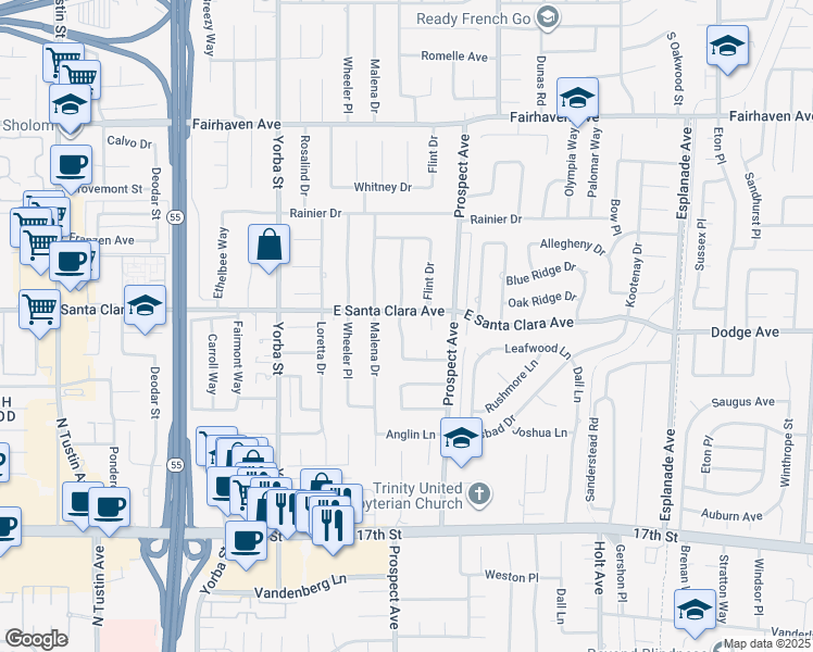 map of restaurants, bars, coffee shops, grocery stores, and more near 13522 Laurinda Way in Santa Ana