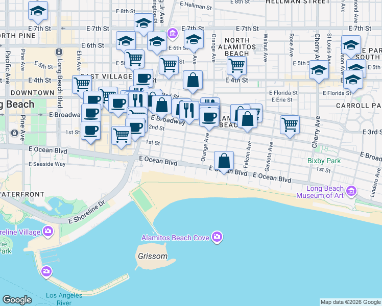 map of restaurants, bars, coffee shops, grocery stores, and more near 1130 East 1st Street in Long Beach